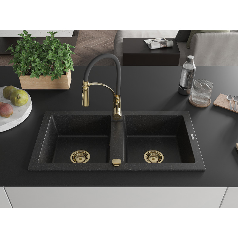 Mexen Mario évier en granit 2 bacs avec mitigeur de cuisine Aster, noir/métallique argent - 6504-73-73450-57-G