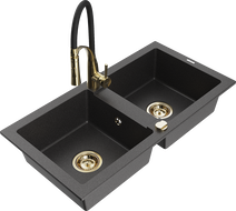 Mexen Mario évier de cuisine en granit 2 bacs avec robinetterie cuisine Aster, noir moucheté - 6504-76-73450-57-G