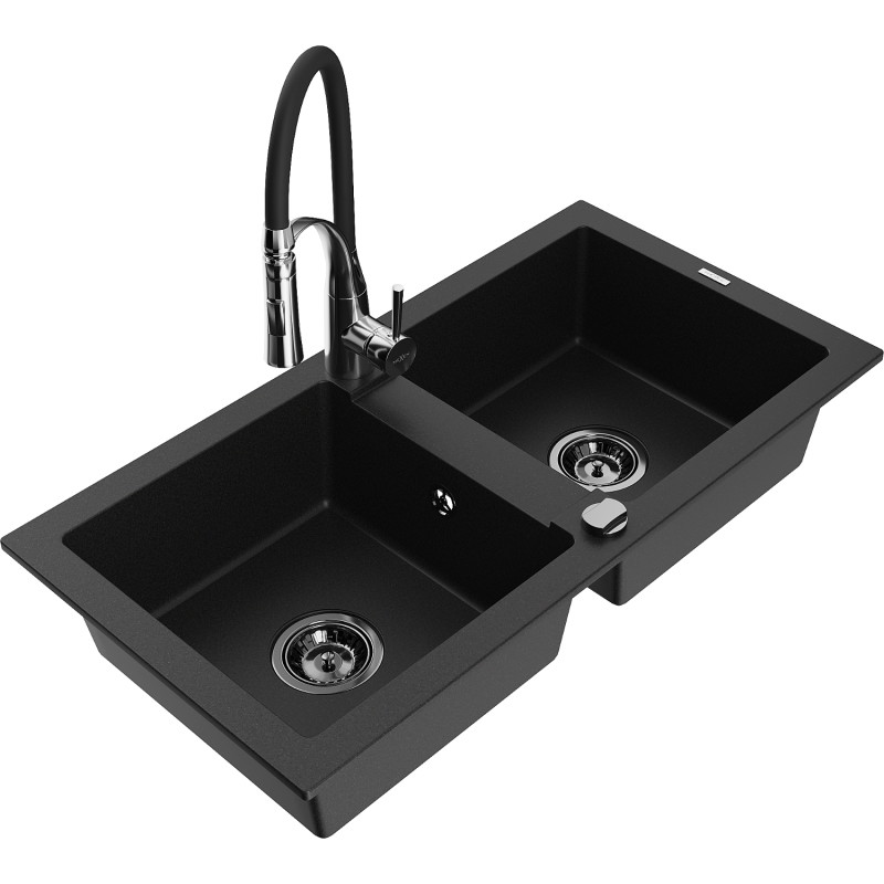 Mexen Mario évier en granit 2 bacs avec robinet de cuisine Aster, noir - 6504-77-73450-07-B