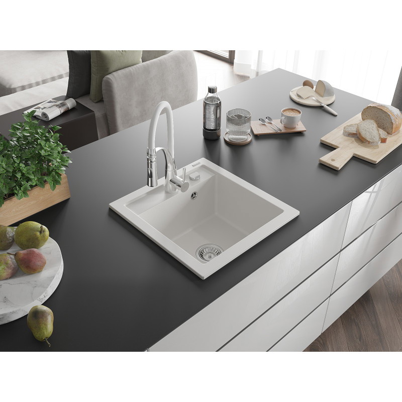 Mexen Vito évier de cuisine en granit 1 bac avec mitigeur Aster, blanc - 6503-20-73450-02