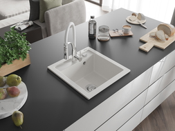 Mexen Vito évier en granit 1 bac avec robinet de cuisine Aster, blanc - 6503-20-73450-02