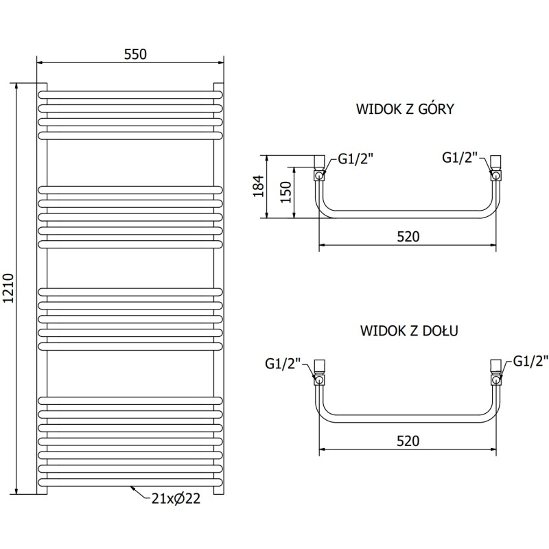 Mexen Apollo radiateur de salle de bain 1210 x 550 mm, 641 W, noir - W117-1210-550-00-70