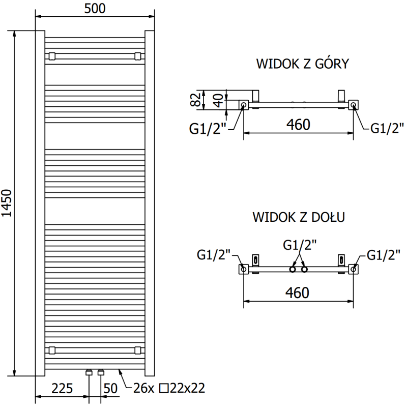 Mexen Pluton radiateur de salle de bain 1450 x 500 mm, 721 W, noir - W106-1450-500-00-70
