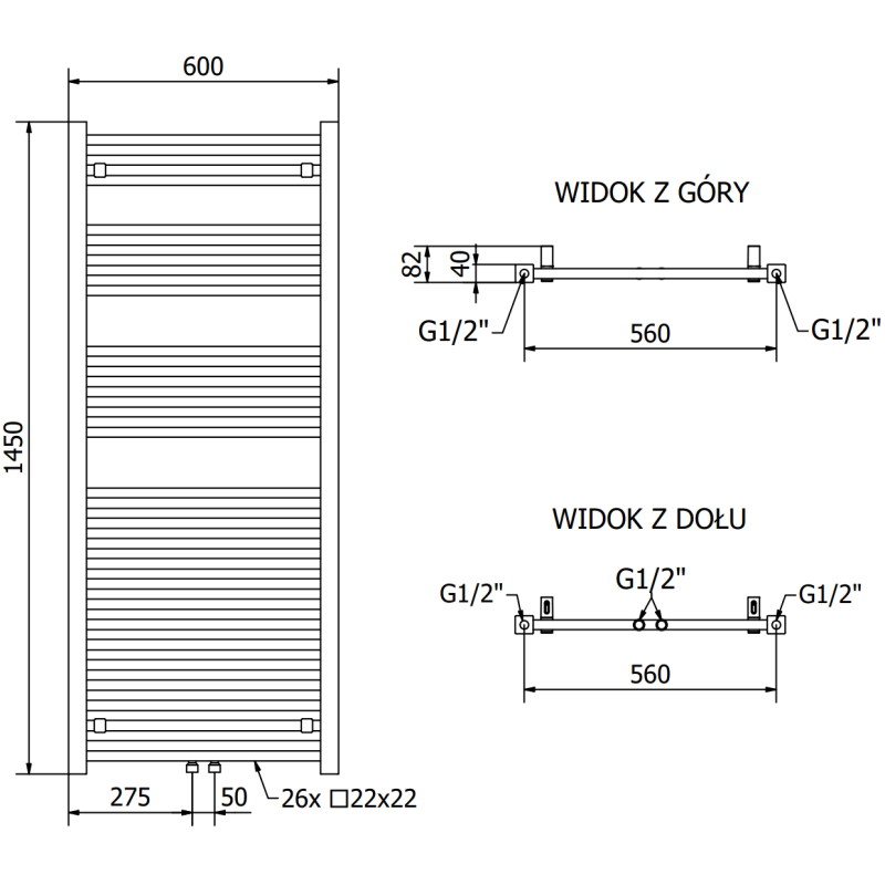 Mexen Pluton radiateur de salle de bains 1450 x 600 mm, 835 W, noir - W106-1450-600-00-70