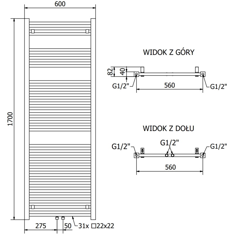 Mexen Pluton radiateur de salle de bain 1700 x 600 mm, 991 W, noir - W106-1700-600-00-70