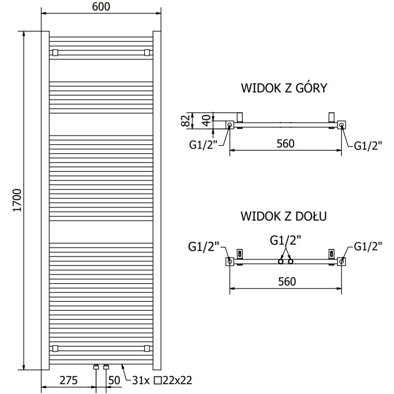 Mexen Pluton radiateur de salle de bains 1700 x 600 mm, 991 W, noir - W106-1700-600-00-70