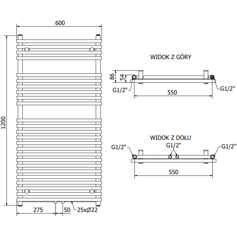 Mexen Sol radiateur de salle de bains 1200 x 600 mm, 658 W, noir - W125-1200-600-00-70