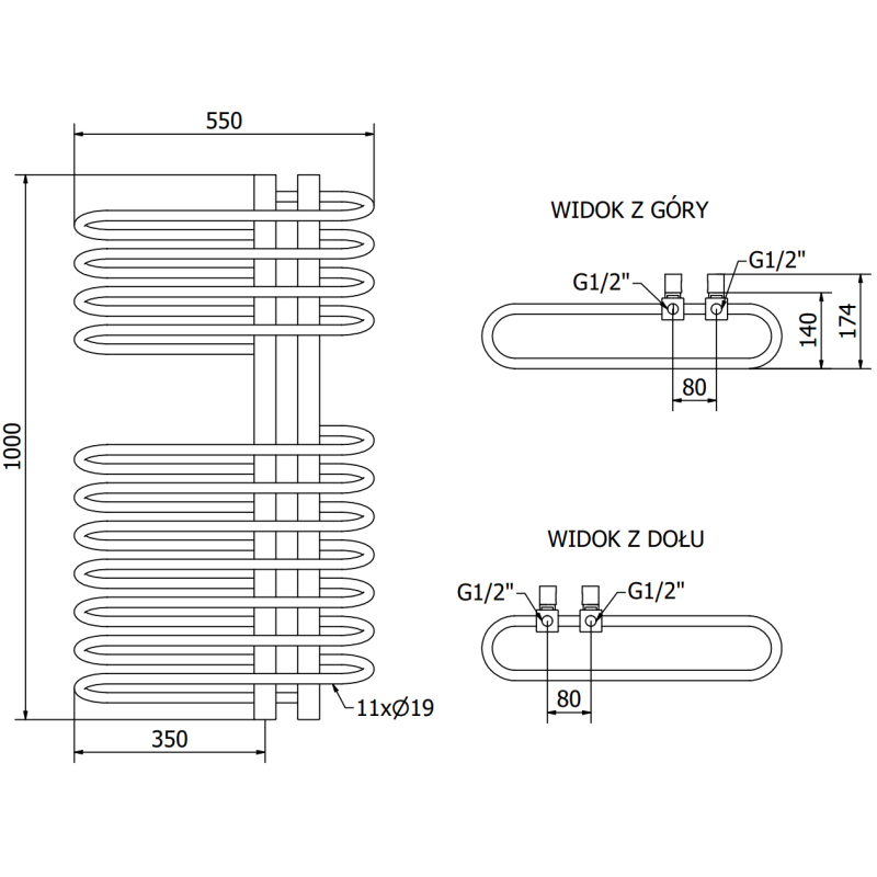 Mexen Ops radiateur de salle de bains 1000 x 550 mm, 517 W, noir - W122-1000-550-00-70