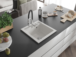 Mexen Vito évier en granit 1 bac avec robinet de cuisine Aster, blanc - 6503-20-73450-07