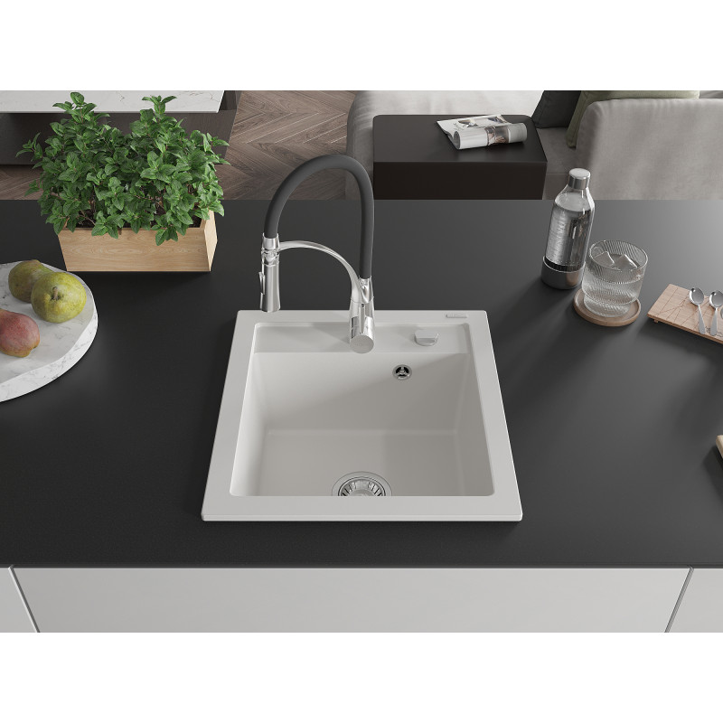 Mexen Vito évier en granit 1 bac avec robinet de cuisine Aster, blanc - 6503-20-73450-07
