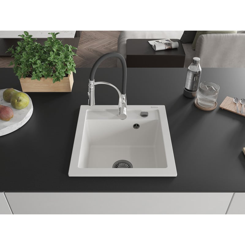 Mexen Vito évier en granit 1 bac avec robinet de cuisine Aster, blanc - 6503-20-73450-07-B