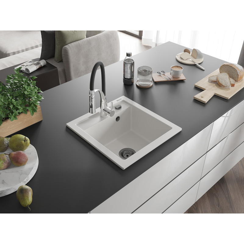 Mexen Vito évier en granit 1 bac avec robinet de cuisine Aster, blanc - 6503-20-73450-07-B