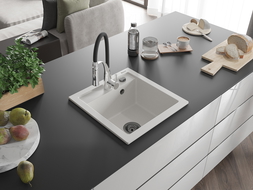 Mexen Vito évier en granit 1 bac avec robinet de cuisine Aster, blanc - 6503-20-73450-07-B