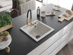 Mexen Vito évier en granit 1 bac avec robinet de cuisine Aster, blanc - 6503-20-73450-57-B