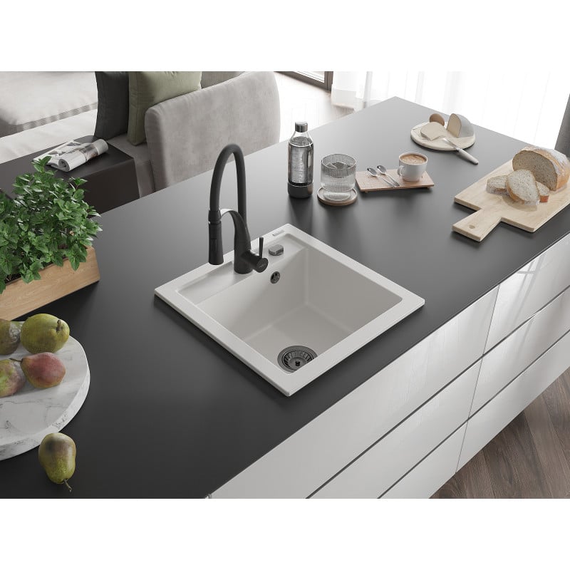Mexen Vito évier en granit 1 bac avec robinet de cuisine Aster, blanc - 6503-20-73450-70-B