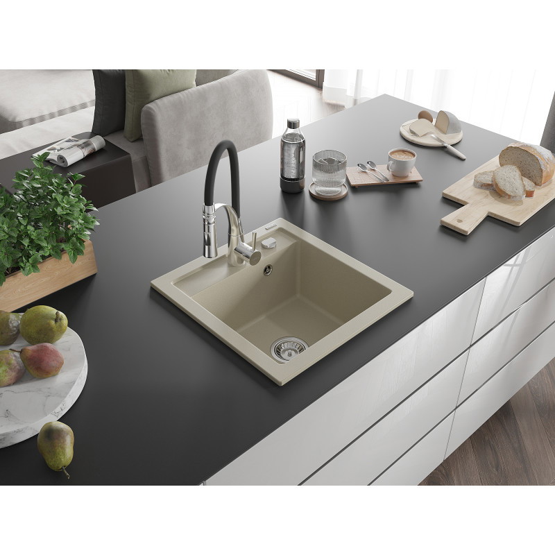 Mexen Vito évier en granit 1 bac avec robinet de cuisine Aster, beige - 6503-69-73450-07