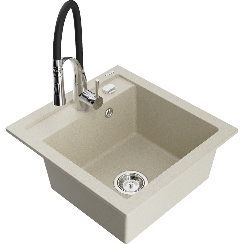 Mexen Vito évier en granit à 1 bac avec robinet de cuisine Aster, beige - 6503-69-73450-07