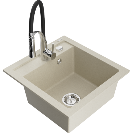 Mexen Vito évier en granit 1 bac avec robinet de cuisine Aster, beige - 6503-69-73450-07