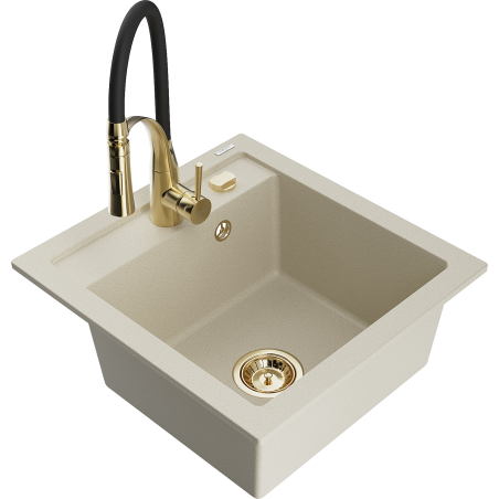 Mexen Vito évier en granit 1 bac avec robinet de cuisine Aster, beige - 6503-69-73450-57-G