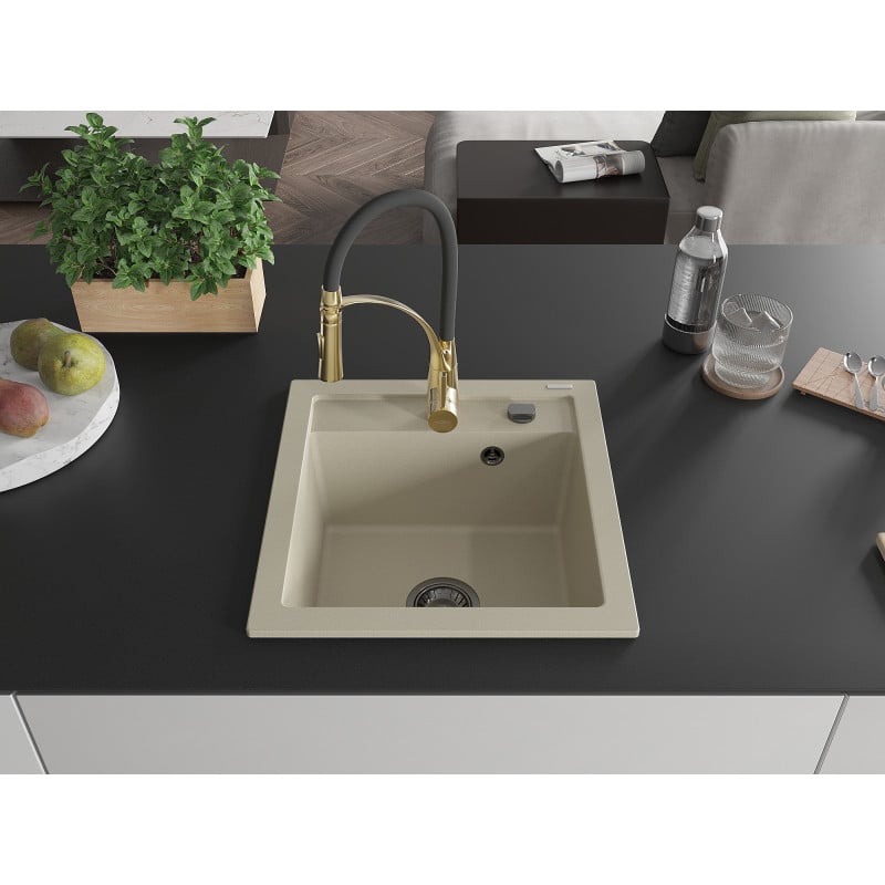 Mexen Vito évier en granit 1 bac avec robinet de cuisine Aster, beige - 6503-69-73450-57-B