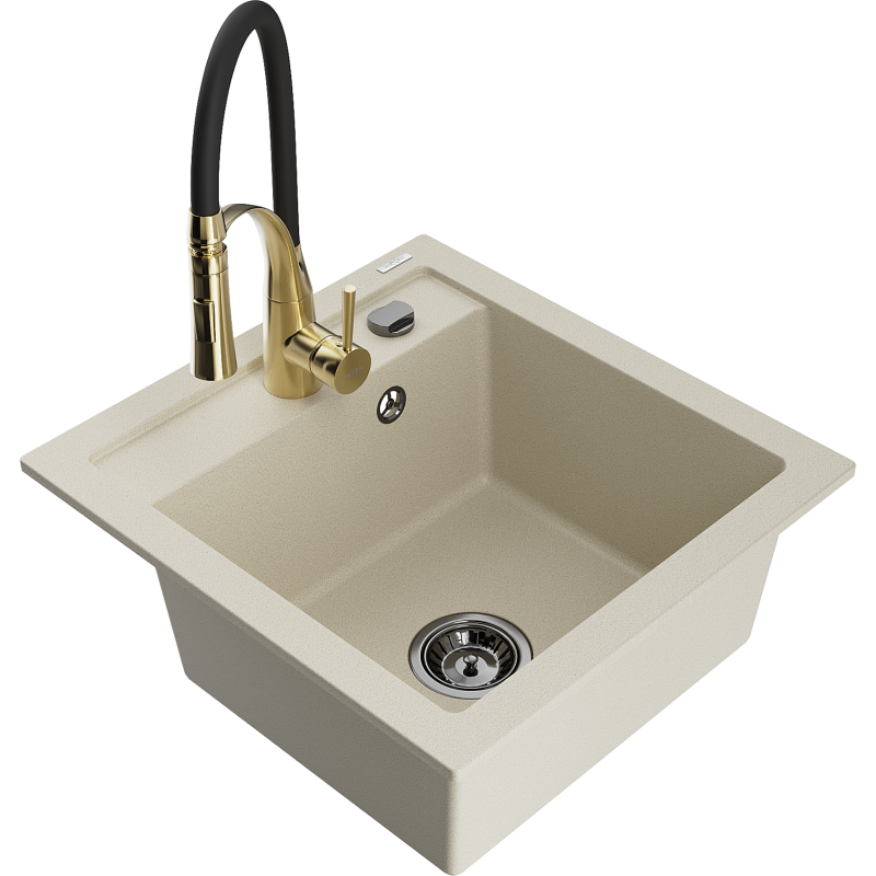 Mexen Vito évier en granit 1 bac avec robinet de cuisine Aster, beige - 6503-69-73450-57-B