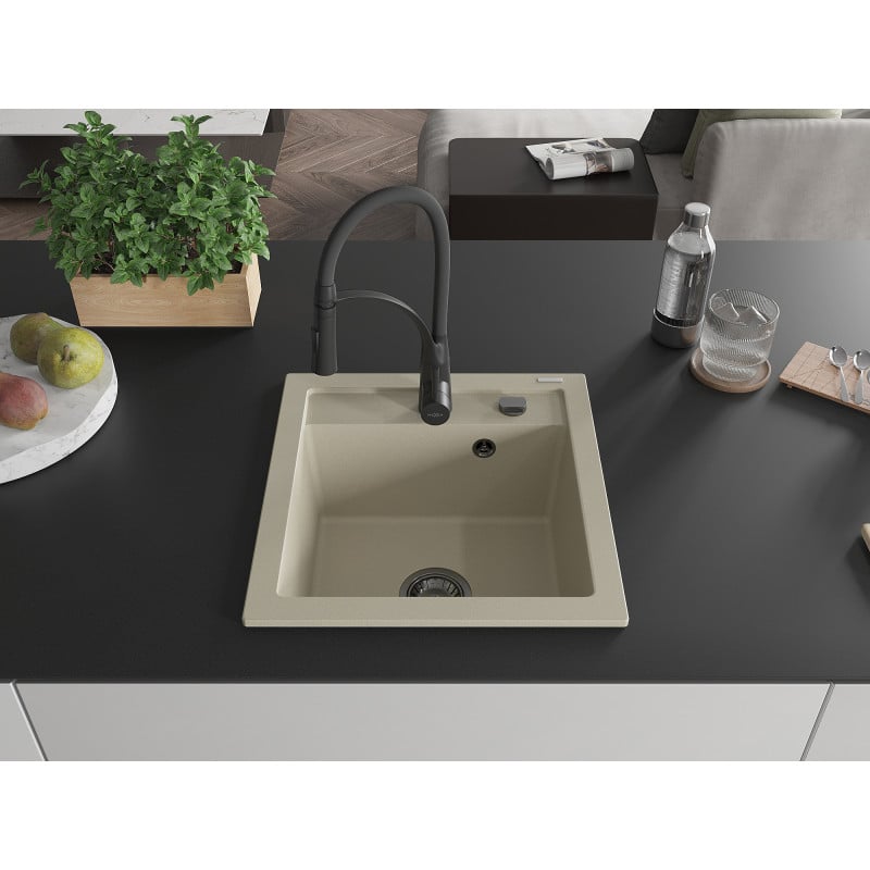 Mexen Vito évier en granit 1 bac avec mitigeur de cuisine Aster, beige - 6503-69-73450-70-B