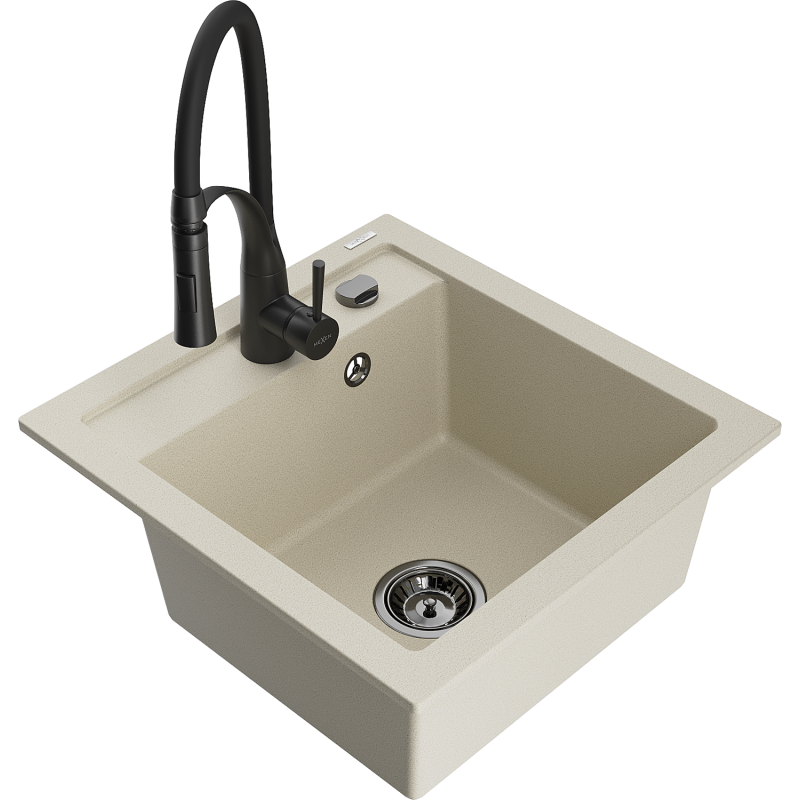 Mexen Vito évier en granit 1-bac avec robinet de cuisine Aster, beige - 6503-69-73450-70-B