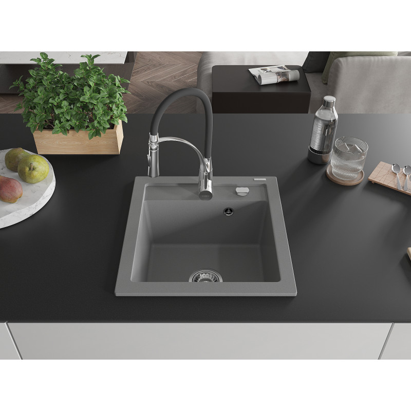 Mexen Vito évier en granit 1 bac avec robinet de cuisine Aster, gris - 6503-71-73450-07