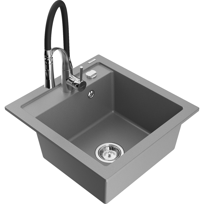 Mexen Vito évier en granit 1 bac avec robinet de cuisine Aster, gris - 6503-71-73450-07