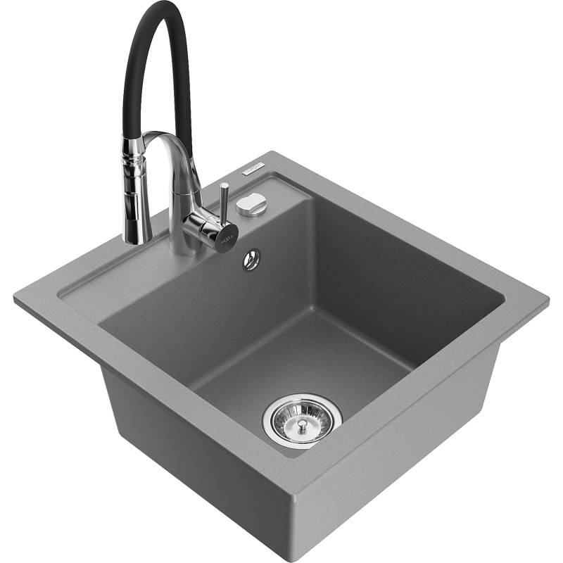 Mexen Vito Évier en granit à 1 bac avec robinet de cuisine Aster, gris - 6503-71-73450-07