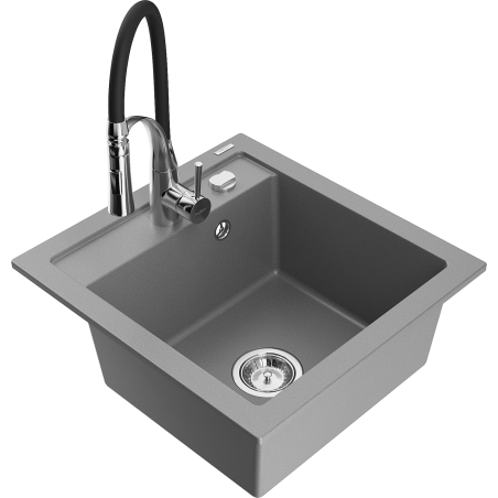 Mexen Vito évier en granit 1 bac avec robinet de cuisine Aster, gris - 6503-71-73450-07