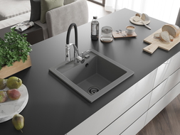 Mexen Vito évier en granit 1-bac avec robinet de cuisine Aster, gris - 6503-71-73450-07-B