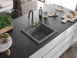 Mexen Vito évier en granit 1 bac avec robinet Aster, gris - 6503-71-73450-57-B