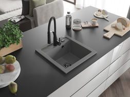 Mexen Vito évier en granit 1 bac avec robinet de cuisine Aster, gris - 6503-71-73450-70-B