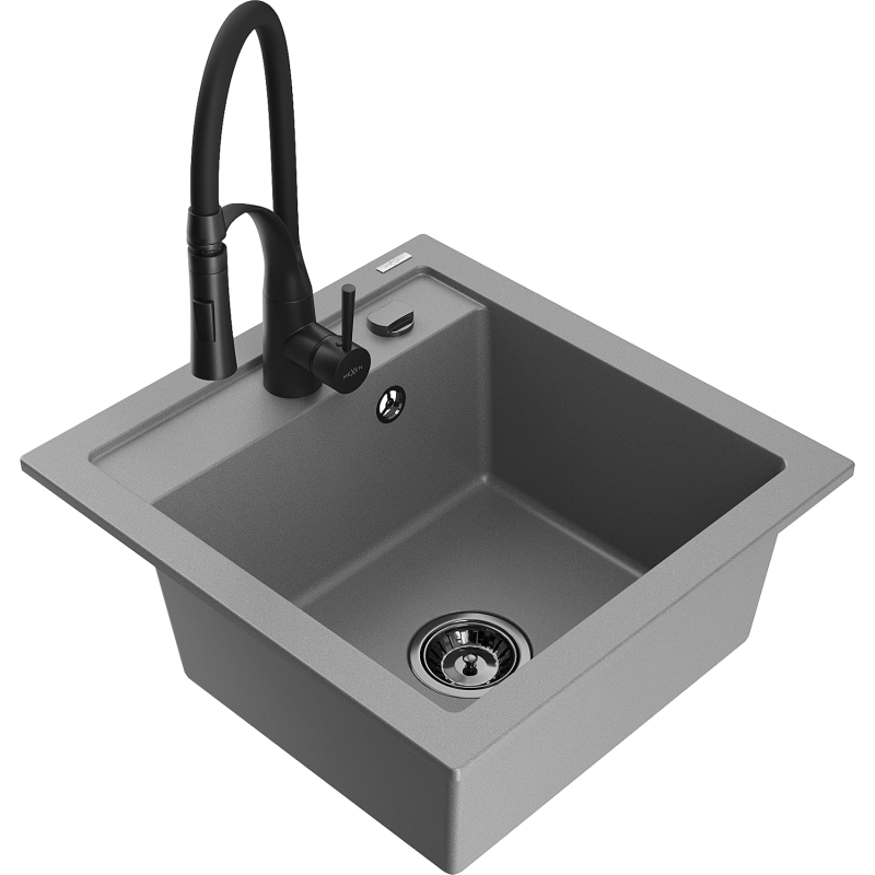 Mexen Vito évier en granit 1 bac avec robinet de cuisine Aster, gris - 6503-71-73450-70-B