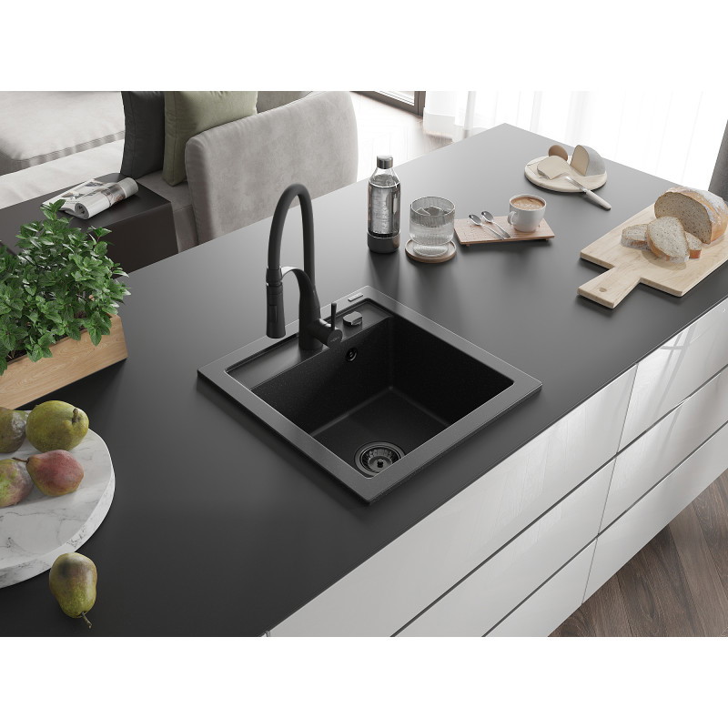 Mexen Vito évier en granit 1 bac avec robinet de cuisine Aster, noir/argent métallisé- 6503-73-73450-70-B