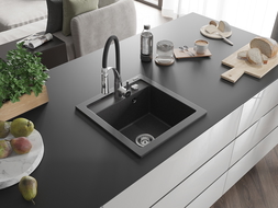Mexen Vito évier en granit 1 bac avec robinet de cuisine Aster, noir moucheté - 6503-76-73450-07