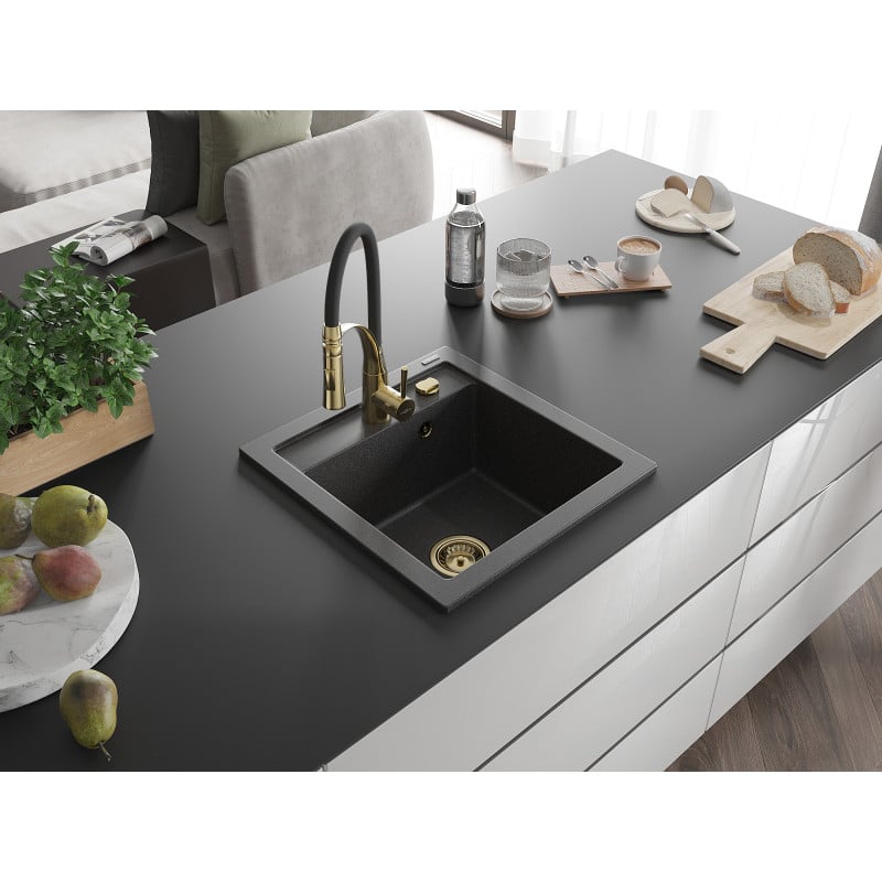 Mexen Vito évier en granit 1 bac avec robinet de cuisine Aster, noir moucheté - 6503-76-73450-57-G