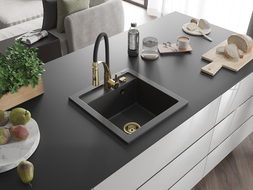Mexen Vito évier en granit 1 bac avec robinet de cuisine Aster, noir tacheté - 6503-76-73450-57-G