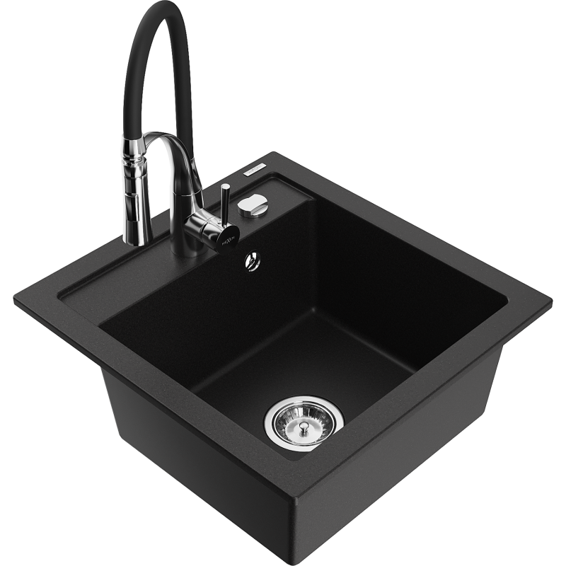 Mexen Vito évier en granit 1 bac avec robinet de cuisine Aster, noir - 6503-77-73450-07