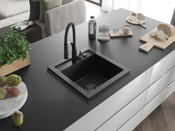 Mexen Vito évier en granit 1-bac avec robinet de cuisine Aster, noir - 6503-77-73450-70-B