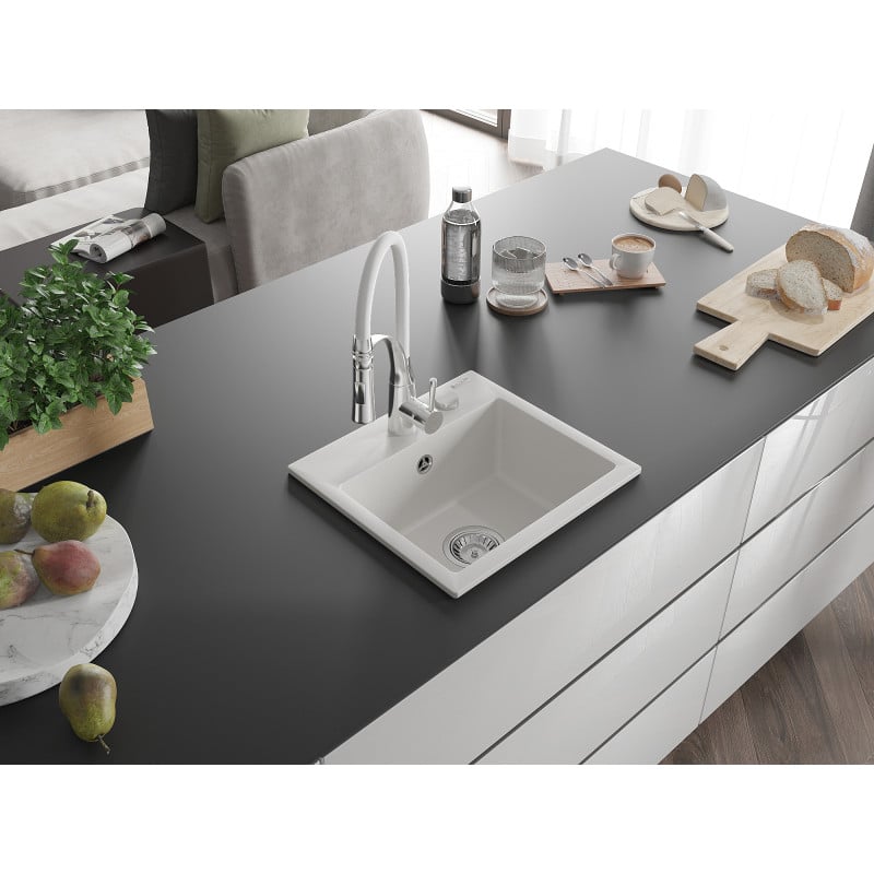 Mexen Milo évier de cuisine granit 1 bac avec robinetterie Aster, blanc - 6505-20-73450-02