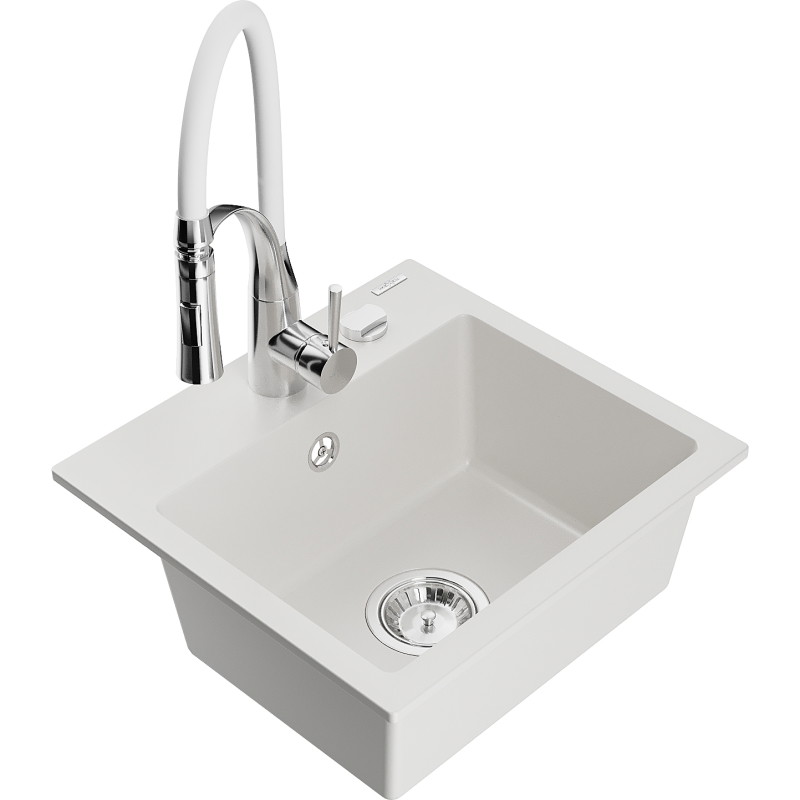 Mexen Milo évier en granit 1 bac avec mitigeur de cuisine Aster, blanc - 6505-20-73450-02