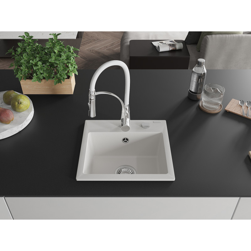 Mexen Milo évier de cuisine granit 1 bac avec robinetterie Aster, blanc - 6505-20-73450-02