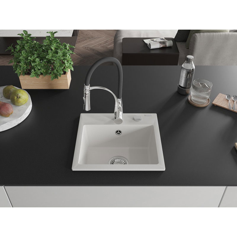 Mexen Milo évier en granit 1 bac avec robinet de cuisine Aster, blanc - 6505-20-73450-07