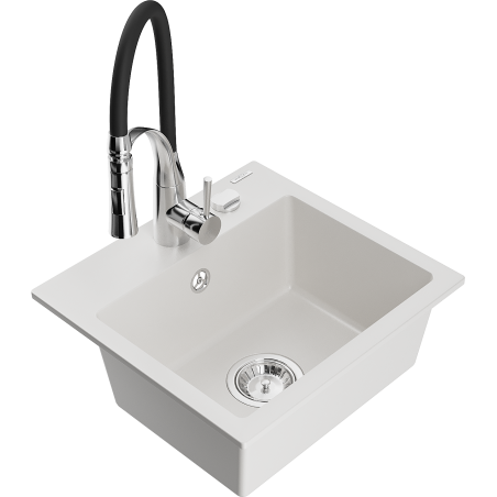 Mexen Milo évier en granit 1 bac avec robinet cuisine Aster, blanc - 6505-20-73450-07