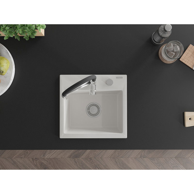 Mexen Milo évier en granit 1 bac avec robinet de cuisine Aster, blanc - 6505-20-73450-07