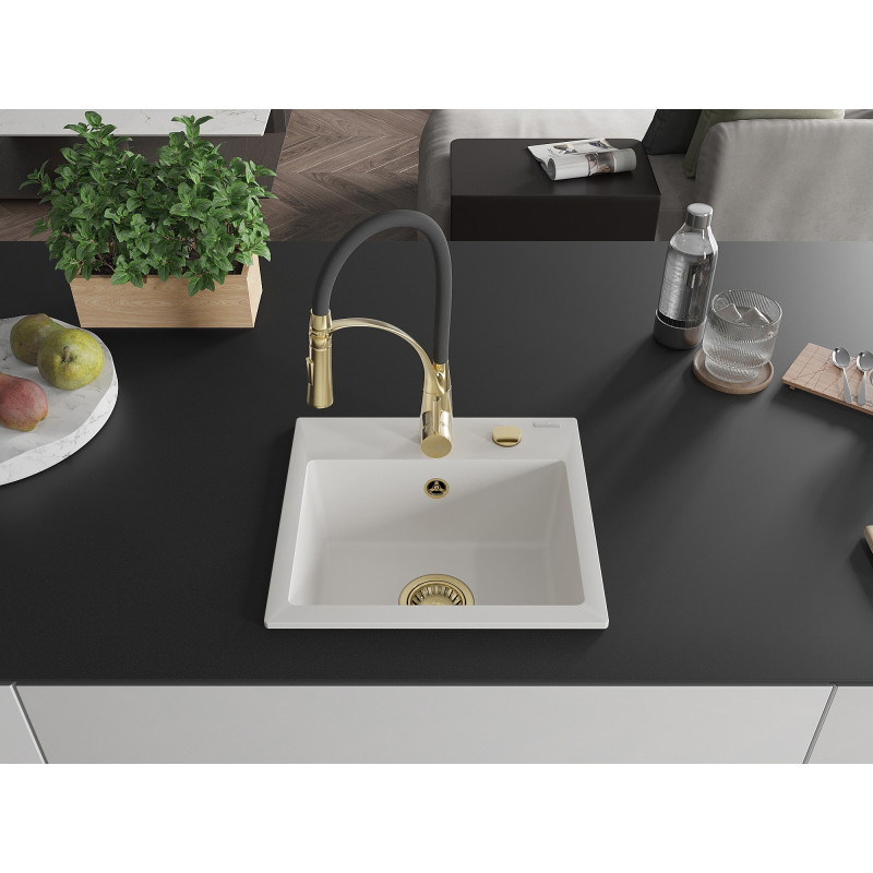 Mexen Milo évier en granit 1 bac avec robinet de cuisine Aster, blanc - 6505-20-73450-57-G