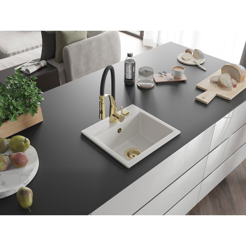 Mexen Milo évier en granit à 1 bac avec robinet de cuisine Aster, blanc - 6505-20-73450-57-G