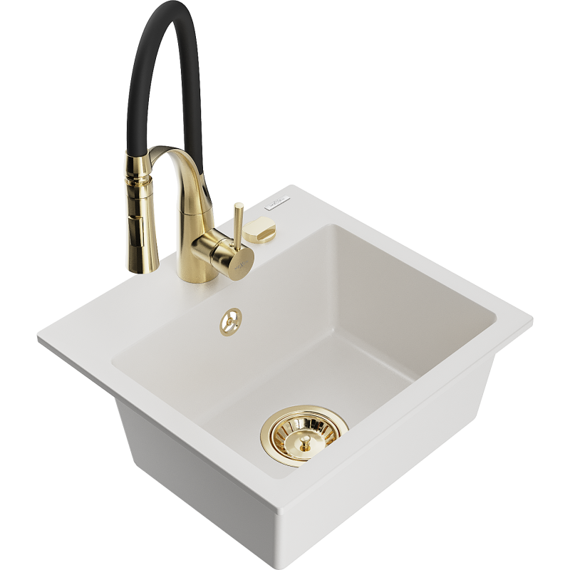 Mexen Milo évier en granit à 1 bac avec robinet de cuisine Aster, blanc - 6505-20-73450-57-G